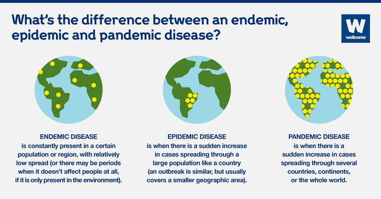 Infographic showing three globes with yellow circles representing the disease spread for an endemic, epidemic and pandemic disease.