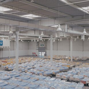 Stored beds for a makeshift Covid hospital in an exhibition hall in Hanover.