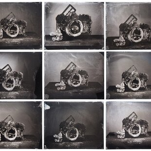 A series of photos of a burnt camera, damaged in a wildfire in California.