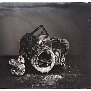 Tintype of a camera destroyed by a wildfire in California.