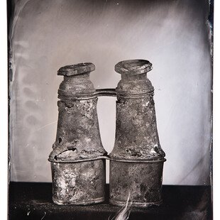 Tintype of binoculars destroyed by a wildfire in California.