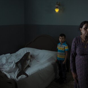 A woman and her son stand in a room, a big fish on the bed.