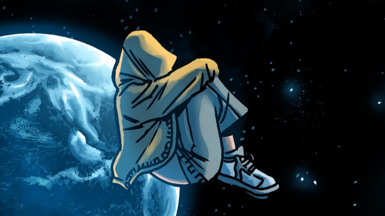 Illustration from Planet DIVOC-91 showing a young person floating in space.