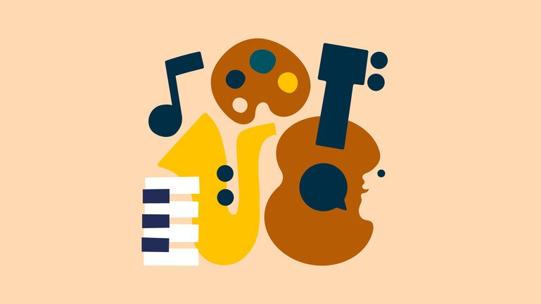 Piano, guitar, saxophone and paint palette sit on an orange background.